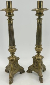 lot 195 image: Pair of Vintage Brass Column Candlestick Holders with Ornate Bases