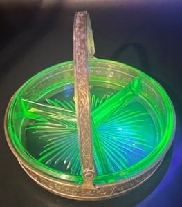 lot 196 image: Antique Green Uranium Glass Divided Dish with Ornate Brass Holder