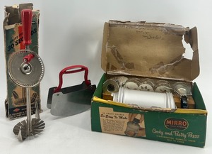 lot 198 image: Vintage Kitchen Gadget Set Jiffy Whip Cream Whipper, Pastry Scraper, and Mirro Cooky Press for Spritz Cookies
