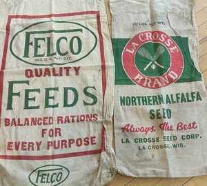 lot 301 image: Pair of Vintage Feed and Seed Sacks FELCO Feeds and La Crosse Alfalfa Seed