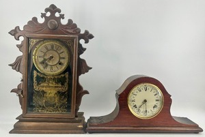 lot 304 image: Pair of Antique Wooden Mantel Clocks with Ornate Details