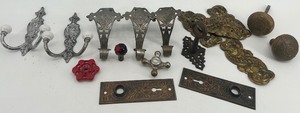 lot 309 image: Collection of Antique and Vintage Hardware including Hooks, Door Plates, and Knobs