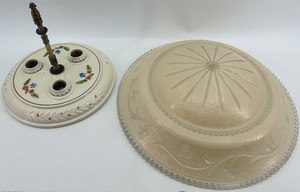 lot 300 image: Vintage 3-Socket Porcelain Ceiling Light Fixture with Frosted Glass Shade