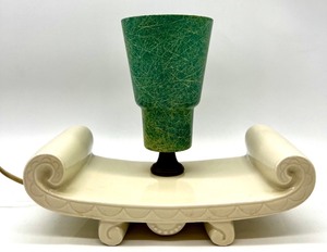 lot 323 image: Vintage MCM Ceramic Scroll Table Lamp with Green Fiberglass Shade