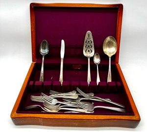 lot 326 image: Assorted Silverplate and Stainless Flatware Collection with Wooden Storage Case