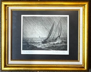 lot 330 image: Framed 1930 Ray Kaufman Etching Rain, Long Island Sound