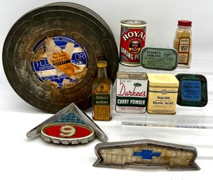 lot 334 image: Collection of Vintage Metal Tins, Kitchen Spice Bottles, Car Emblems, and Kodak Film Reel