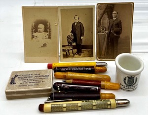 lot 336 image: Vintage Pharmacy Memorabilia Collection with Ephemera, Pens and Apothecary Pot