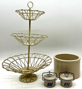 lot 337 image: Vintage 3-Tier Metal Stand with Robinson Ransbottom Stoneware Crock and 2 Miniature BI Jars
