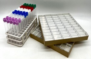 lot 359 image: Lot of Plastic Test Tubes with Assorted Caps, Storage Racks, and Two Clear Box Compartment Boxes