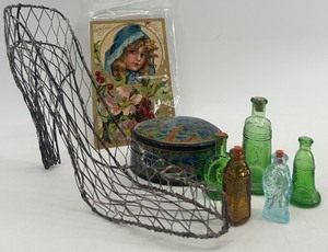 lot 361 image: Vintage Decorative Collection with Wire Shoe, Glass Bottles, Lacquer Box, and Postcard