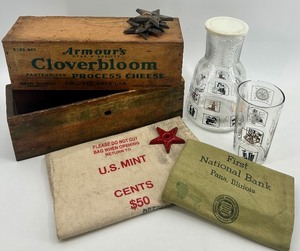 lot 364 image: Vintage Cheese Box, Glass Carafe Set, Bank Bag, U.S. Mint Bag, and Star Architectural Pieces