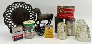 lot 365 image: Vintage Mixed Lot Cast Iron Trivet, Horse Pull Toy, Spice Tins, Glass Insulators, and Collectible Containers