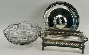 lot 367 image: Collection of Silverplate Serving Pieces with Glass Inserts
