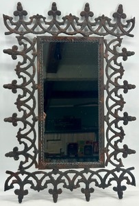 lot 373 image: Vintage Ornate Cast Iron Wall Mirror with Decorative Frame