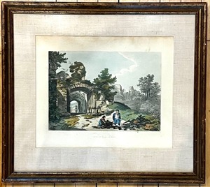 lot 382 image: Framed Hand-Colored Engraving Dudley Castle Gate with Figures