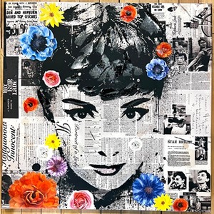 lot 383 image: Audrey Hepburn Mixed Media Pop Art Collage on Canvas with 3D Flowers