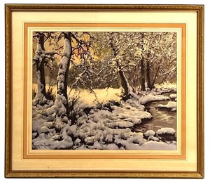 lot 388 image: Framed Signed Winter Landscape Painting with Stream and Snow