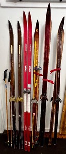 lot 397 image: Lot of 6 Pairs Vintage Cross Country Skis and 2 set of Poles Mixed Brands