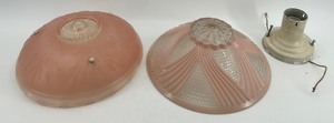 lot 299 image: Lot of 2 Vintage Art Deco Pink Glass Ceiling Light Shades with Mounting Fixture
