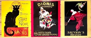 lot 317 image: Set of 3 Vintage Style Art Posters Chat Noir, Dionis Gran Spumante, Sauvions Brandy