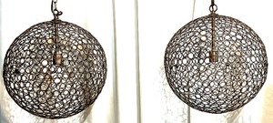 lot 328 image: Pair of Round Metal Wire Globe Pendant Light Fixtures