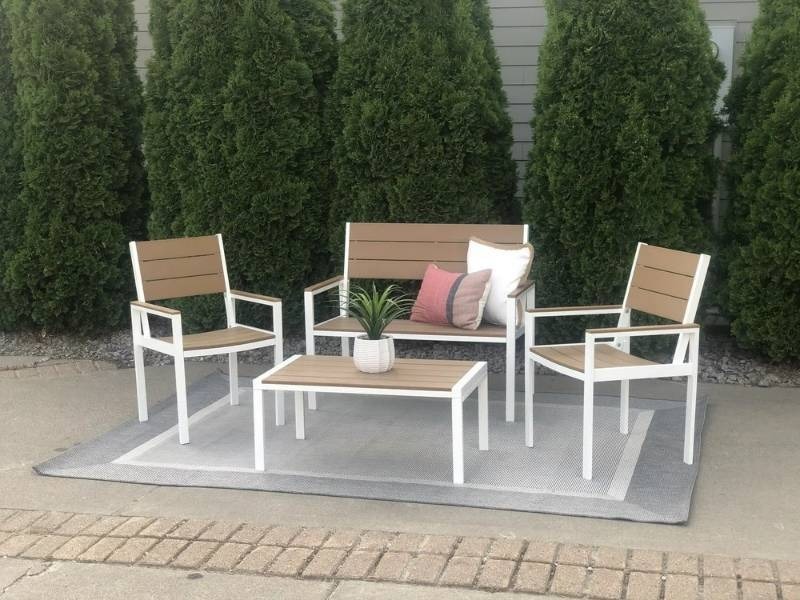 lot 2 image: Winston  4pc Outdoor Set  Composite Polywood All Weather Wood WhiteBrown  BENCH SIZE 42 L X 23.5 D X 36 H COFFEE TABLE SIZE  36 L x 20 D  x 16 H