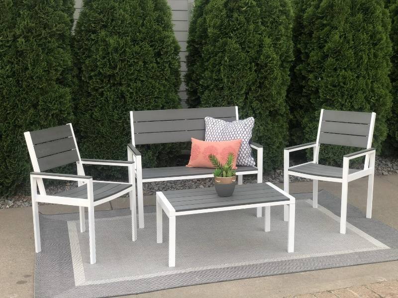 lot 6 image: Winston  4pc Outdoor Set  Composite Polywood All Weather Wood WhiteGray BENCH SIZE 42 L X 23.5 D X 36 H COFFEE TABLE SIZE  36 L x 20 D  x 16 H