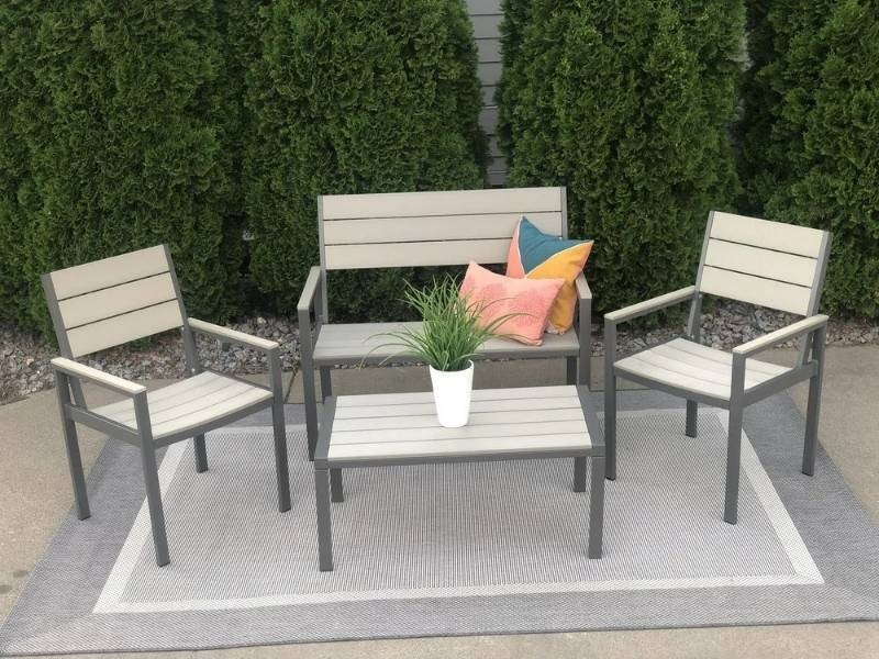 lot 12 image: Winston  4pc Outdoor Set  Composite Polywood All Weather Wood GrayGray  BENCH SIZE 42 L X 23.5 D X 36 H COFFEE TABLE SIZE  36 L x 20 D  x 16 H