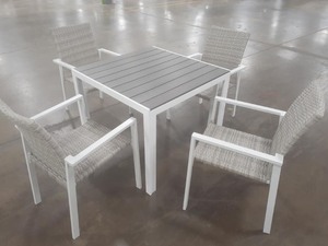lot 13 image: Winston 5pc Outdoor Dining Set - GrayLight gray rattan Chairs With White  Aluminum frame, with Gray Polywood top