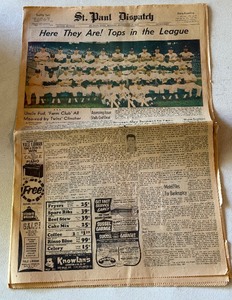 lot 175 image: 1965 Minnesota Twins AL Chapions St. Paul Dispatch Newspaper - September 27, 1965 with Hamms Beer Ad