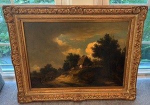 lot 10 image: Antique Framed Landscape Oil Painting with Cottage Scene, 28 x 21.5 in
