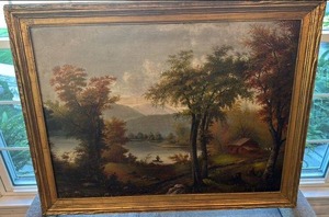 lot 11 image: Large Framed Landscape Oil Painting, 43x33 Inches, Unsigned