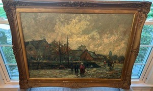 lot 12 image: Large Framed Oil Painting Signed Impressionist Cityscape 27.5x39.5