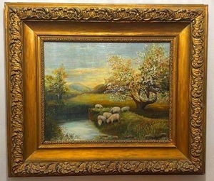lot 15 image: Original Framed Oil Painting by A. Reali - Sheep Landscape, 26 x 30 in