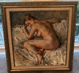 lot 18 image: Framed 21 x 23 Signed Nude Oil Painting by O. Bawinski