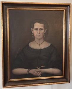 lot 19 image: Antique Portrait of Woman Oil on Canvas in Ornate Frame 35.5x29.5