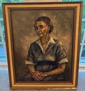 lot 21 image: Jeanne Van Signed Framed Oil Portrait Painting of Seated Woman