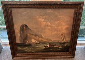 lot 22 image: Unsigned 24x20 Framed Vintage Maritime Oil Painting with Boats