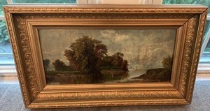 lot 23 image: Antique Framed Landscape Painting on Board 24 x 14 Unsigned
