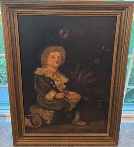 lot 24 image: Vintage Framed Oil Painting of Boy Blowing Bubbles 35.5 x 26.5 Unsigned