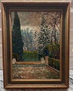 lot 32 image: Framed Signed Garden Scene Oil Painting, 8 x 11 Art in 13.5 x 10.5 Frame