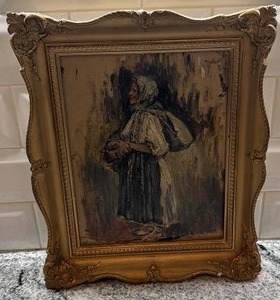 lot 33 image: Framed Oil Painting of Woman with Basket Signed by Artist