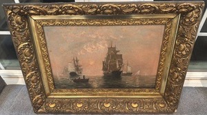 lot 34 image: Signed Framed Maritime Oil Painting with Ships, 18 x 12 Art in 23.5 x 17.5 Ornate Frame