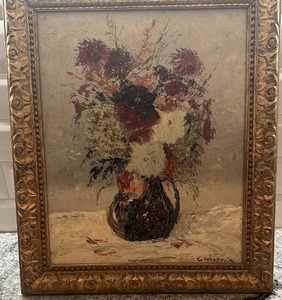 lot 35 image: Framed Oil Painting Vase with Flowers Signed C. Hartwig 15.5 x 18