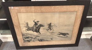 lot 36 image: Framed Western Artwork with Cowboys and Cattle, 26 x 19 Inches