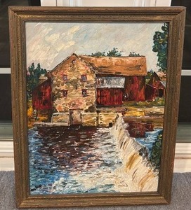 lot 37 image: Framed Oil Painting of Old Mill and River Scene 18 x 14 Unsigned