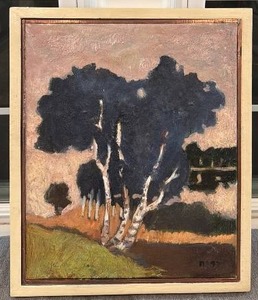lot 38 image: Framed Signed Landscape Oil Painting of Birch Trees
