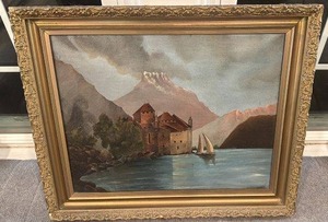 lot 41 image: Framed Lake Castle Oil Painting with Sailboats, 19.5 x 15.5 in, Unsigned
