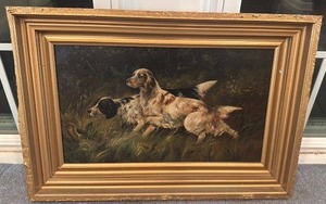 lot 42 image: Vintage Framed Oil Painting of Two Hunting Dogs, Unsigned